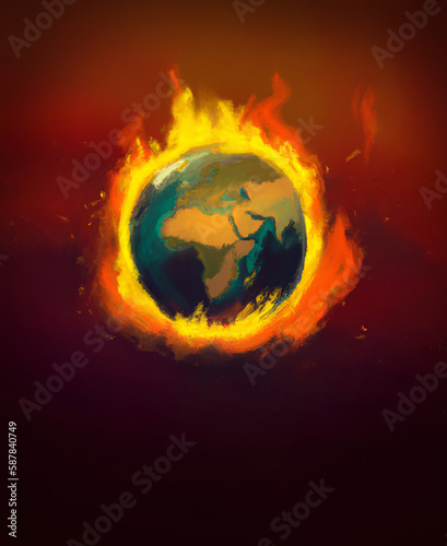 Illustration créée avec l'intelligence artificielle montrant la planète terre en feu. Concept illustrant le réchauffement climatique