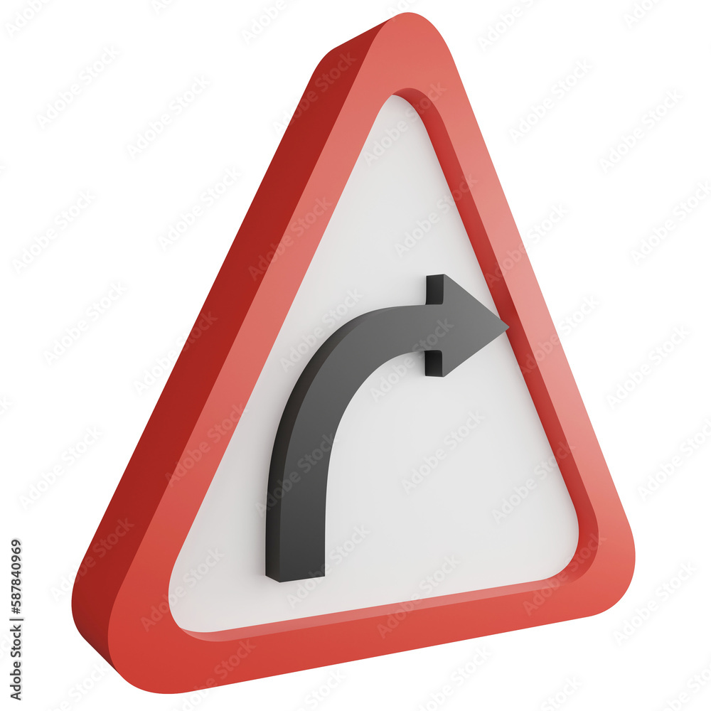 3D render right curve sign icon isolated on transparent background, red mandatory sign 3D render right curve sign icon isolated on transparent background, red mandatory sign
