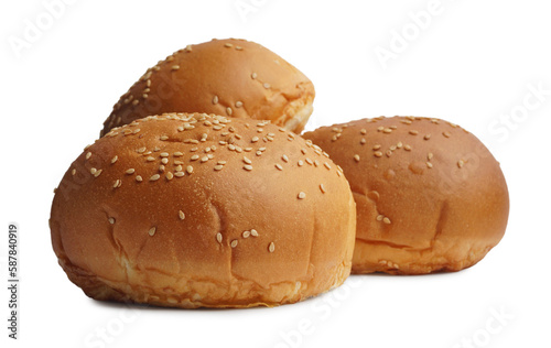 Fresh tasty buns with sesame seeds isolated on white