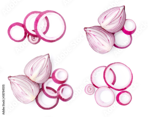 Collage with cut red onion on white background, top view