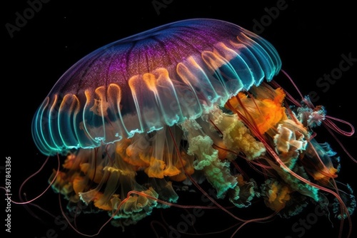 Incredibly beautiful jellyfish that glows with different colors under the water. Bioluminescent marine organisms. High quality generative ai