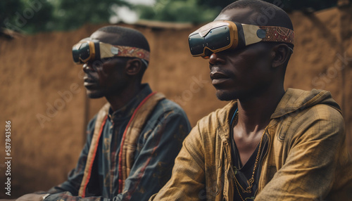 tribe in VR glasses and traditional clothes