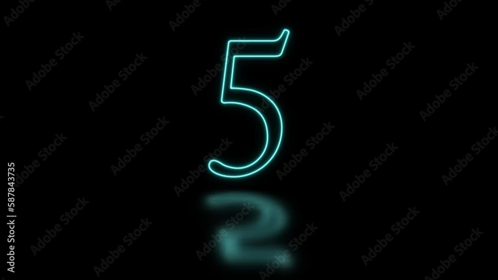 Animated neon number five with reflection against a black background Animated neon number five with reflection against a black background