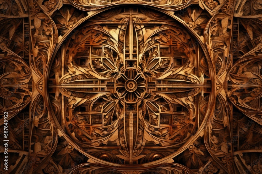 Illustration of an intricate wood carving pattern on a wall. Generative AI Illustration of an intricate wood carving pattern on a wall. Generative AI