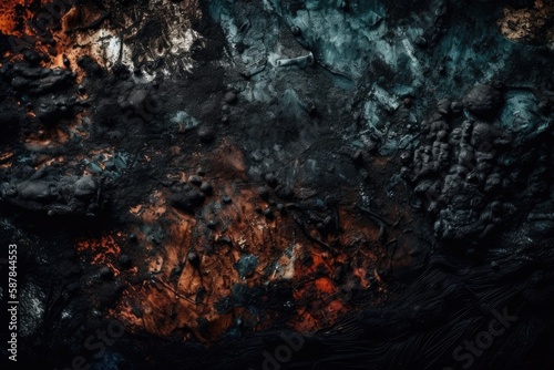 close-up view of an unknown black and orange substance with abstract shapes. Generative AI