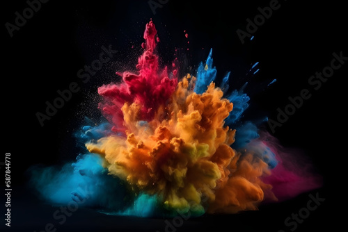 Generative Ai illustration. Colored powder explosion. Copy space