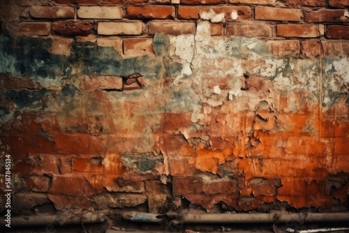 Illustration of an aged brick wall with flaking paint and weathered textures. Generative AI