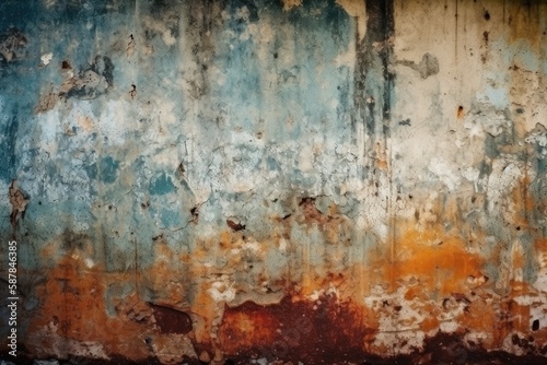 weathered wall with blue and orange accents. Generative AI
