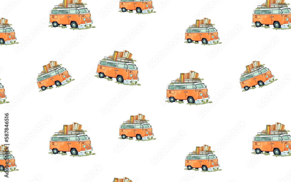 seamless pattern Vintage watercolor orange truck, spring summer illustration of old retro car. Transparent Background. Generative AI