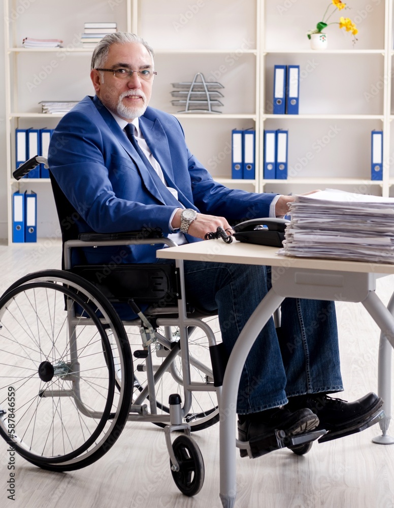 Aged employee in wheelchair working in the office