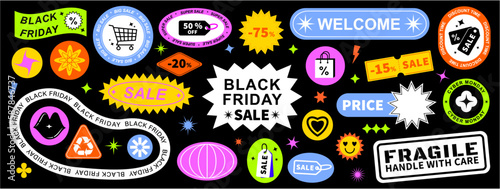 Set Black Friday shapes sticker pack. Vector illustration with circles, ovals, rectangles, stars, typography, and groovy wavy geometric elements in trendy retro 90s style.  Brutalism aesthetic.