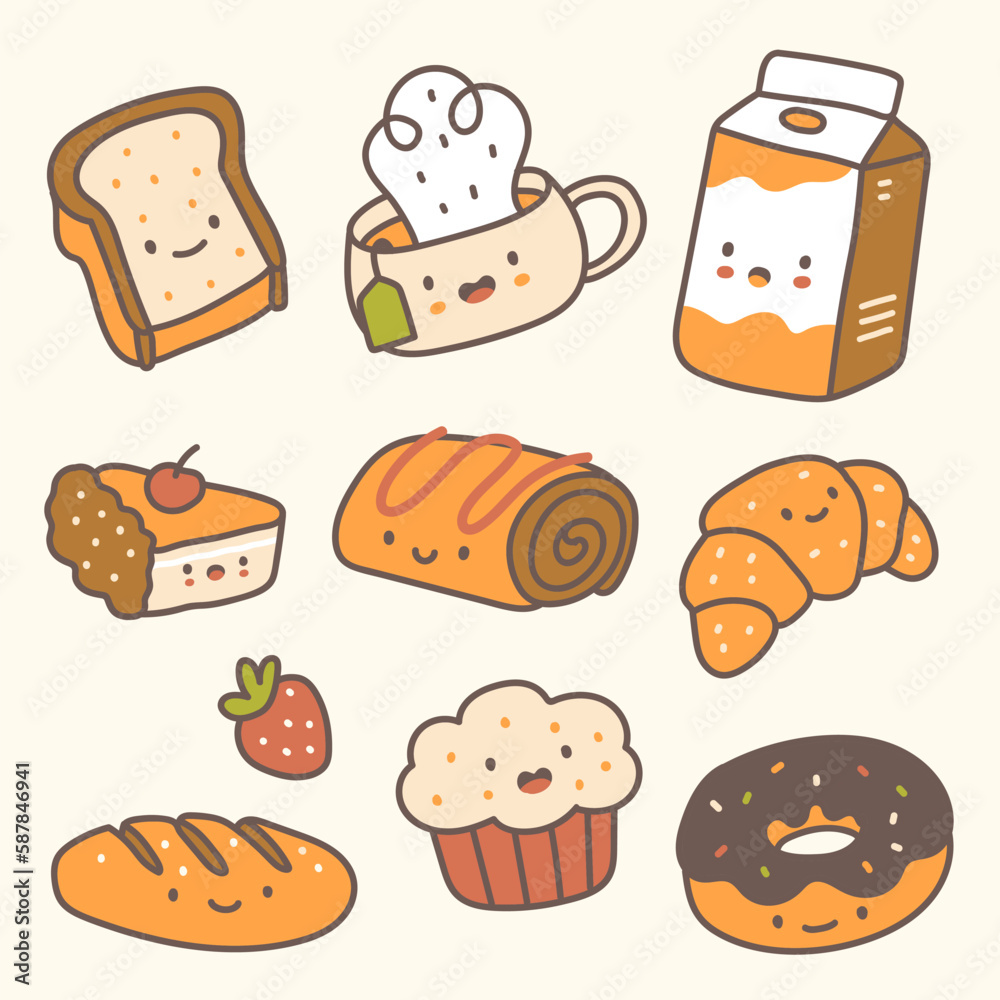 Set of handdrawn bakery in kawaii style Set of handdrawn bakery in kawaii style