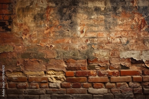distressed brick wall with peeling paint. Generative AI