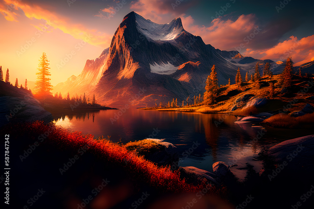 gloomy mountain landscape at sunset, dawn due to mountain landscape in painting style, generative ai