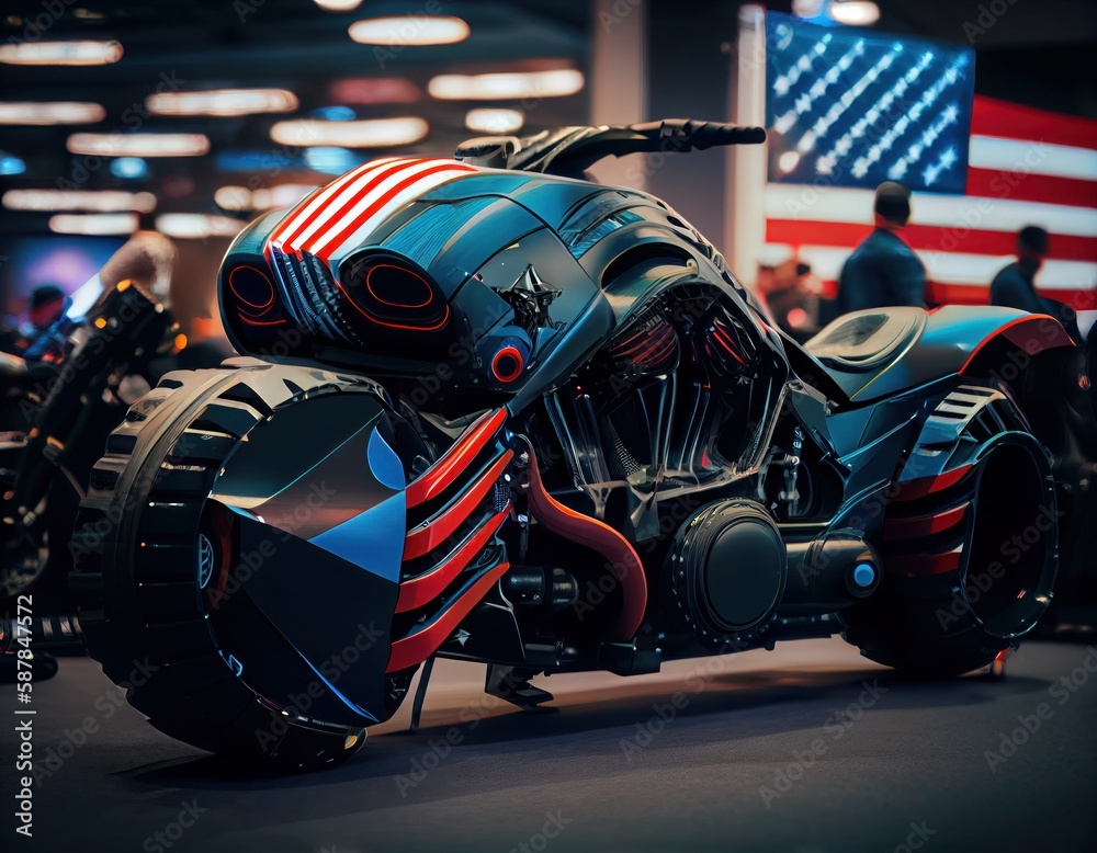 Futuristic Motorcycle concept with USA Flag color base. Generative AI