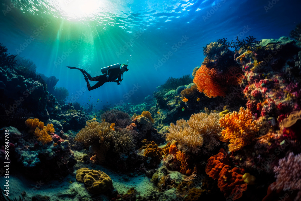 Fototapeta premium Scuba divers exploring coral reef. Beautiful underwater nature, high quality generative ai