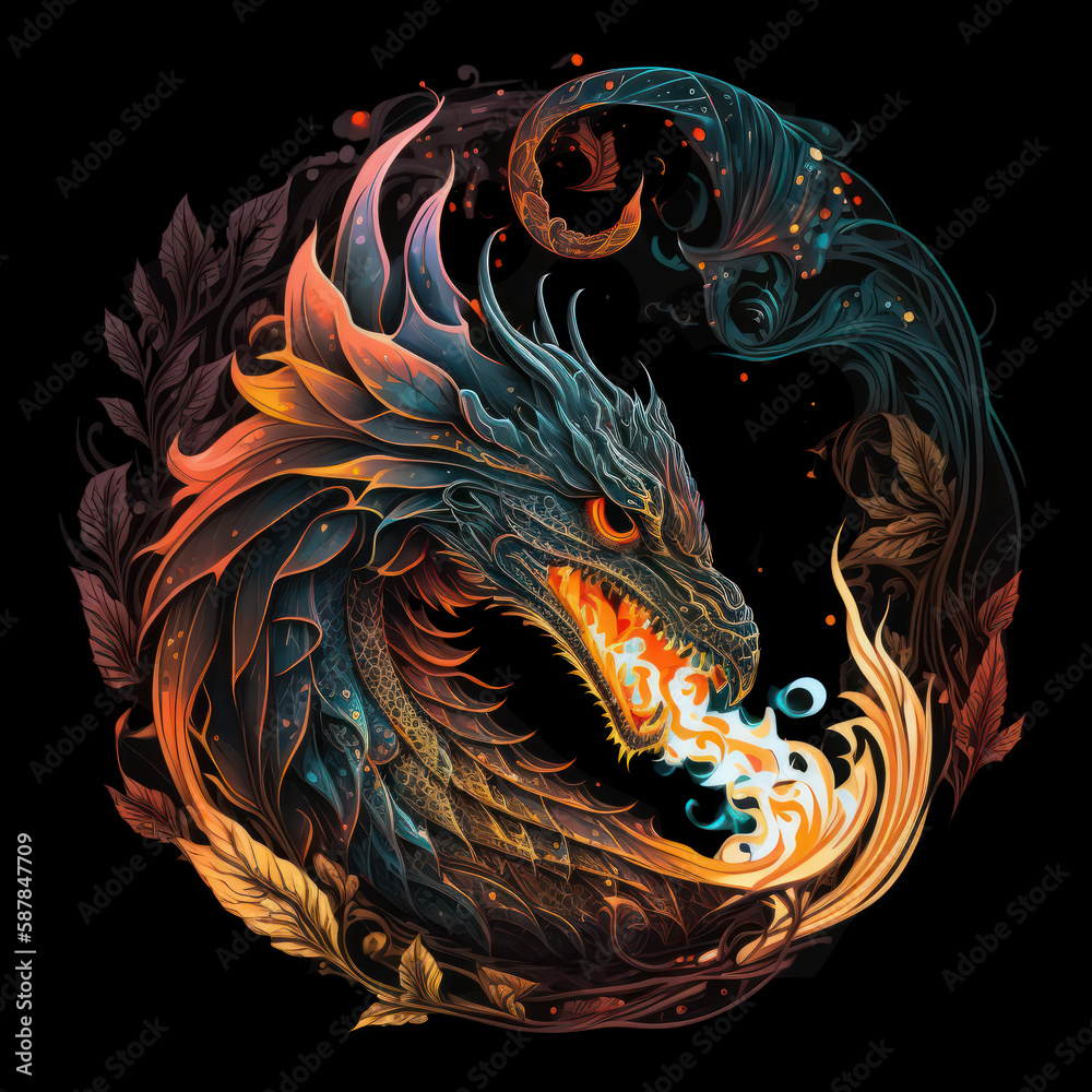 Ornate and colorful fire-breathing dragon mandala graphic with fierce eyes and teeth, on a black background. Illustration created with Generative AI.