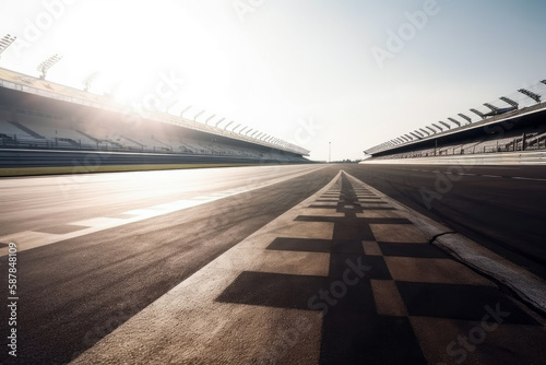 Empty international racetrack, as seen from the race car, blurred in motion. Sunny day. High quality generative ai.