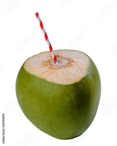 Green coconut with colored paper straw isolated on transparent background.