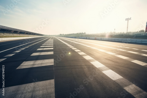 Empty international racetrack, as seen from the race car, blurred in motion. Sunny day. High quality generative ai.