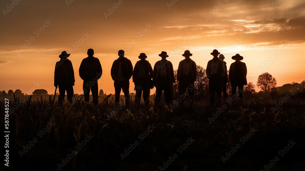 Silhouette image of a group of farmers standing together in a field at sunset
