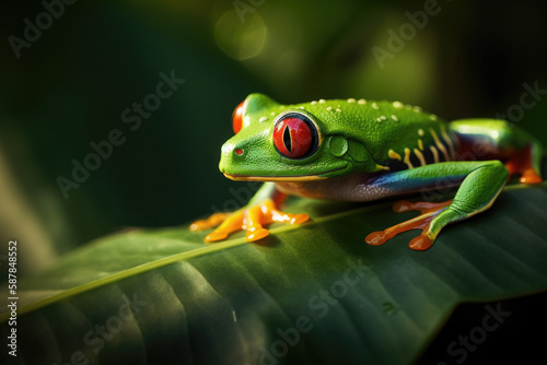 Close up of a red eyed tree frog (Agalychnis callidryas) on some leaves, generative AI