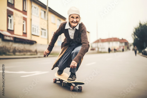 Old woman skateboarding fast. Elderly people having fun. High quality generative ai