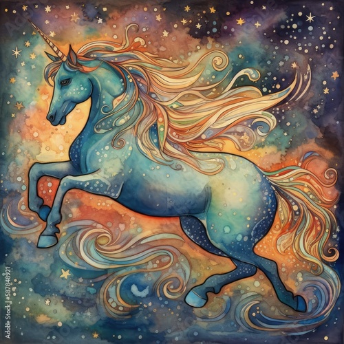 Magical unicorn galloping through a starry night sky Generative Ai © Loveyousomuch