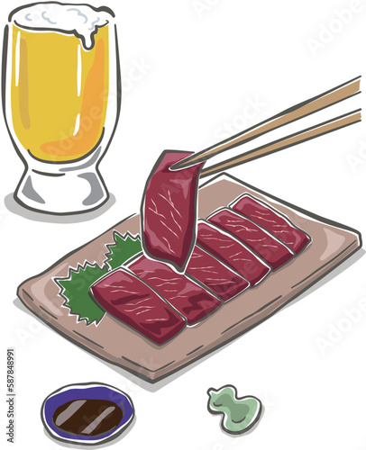 皿に盛りつけられた馬刺しを箸でつまみ上げるイラスト