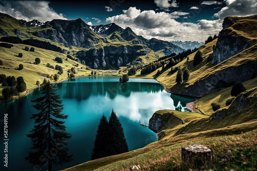 Located in the gruyere area of canton fribourg in the Swiss Alps lies the beautiful lake of Montsalvens. Generative AI photo