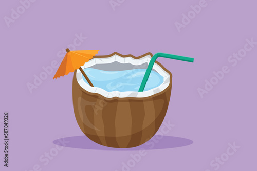 Graphic flat design drawing green coconuts with drinking straw. For flyer, sticker, card, logo, symbol. Relieves thirst and dehydration in summer. Healthy lifestyle. Cartoon style vector illustration