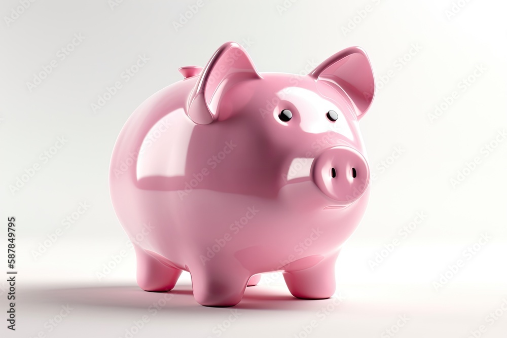 cute pink piggy bank on a white table. Generative AI