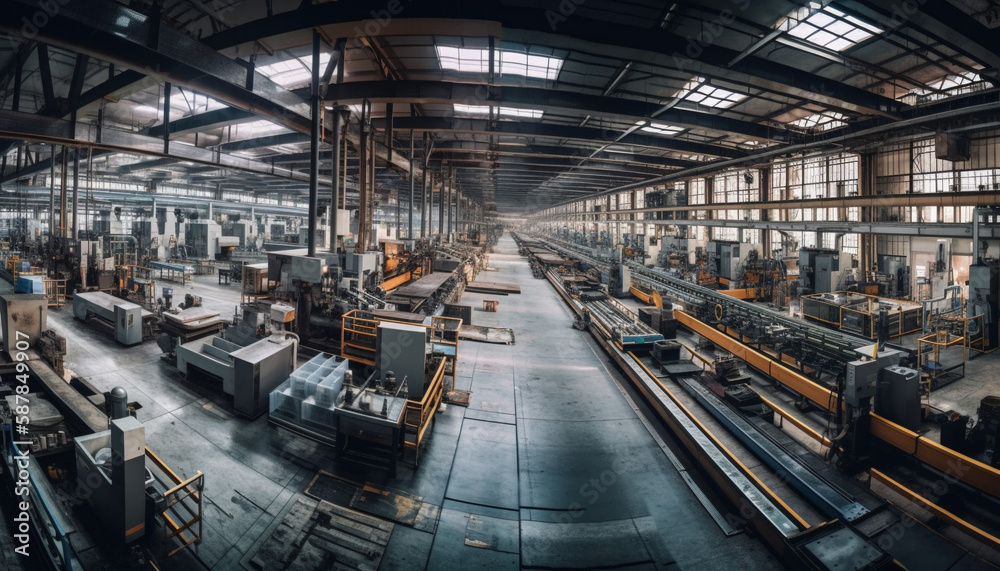 Modern metal manufacturing equipment working inside industrial building generated by AI