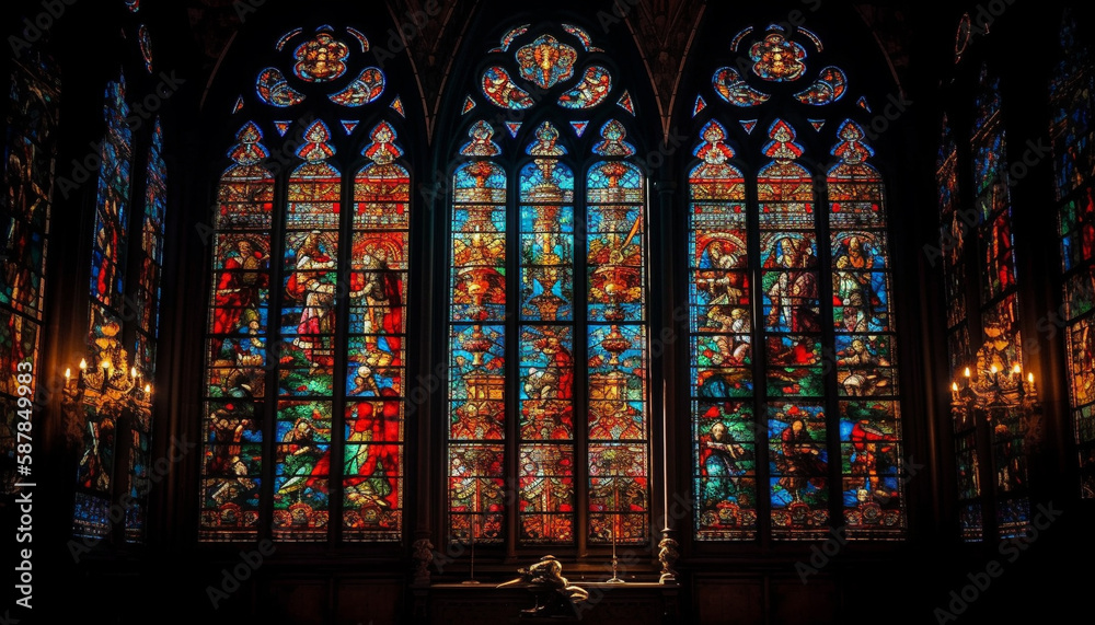 Medieval chapel stained glass illuminates vibrant history generated by AI