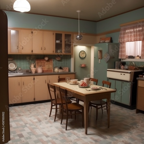 1970 kitchen with cabinets and table