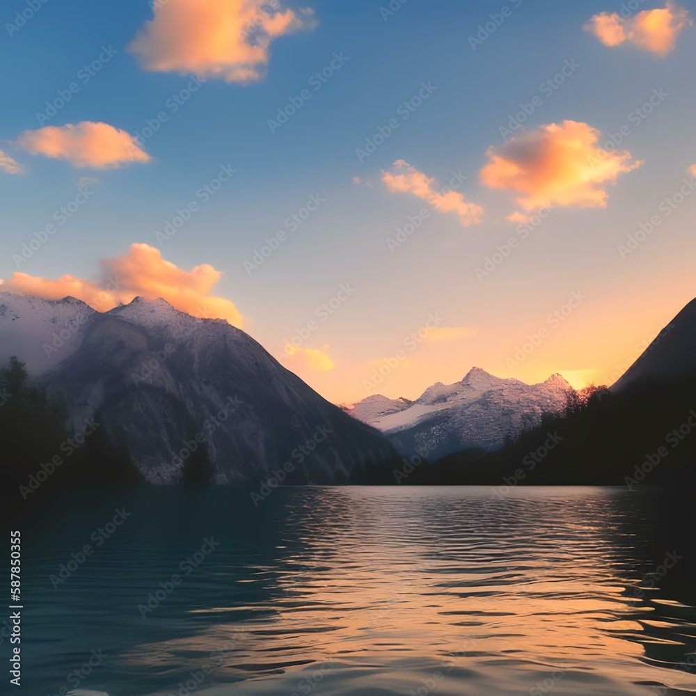 Impressive summer sunrise on  lake with  beautiful mountain landscape