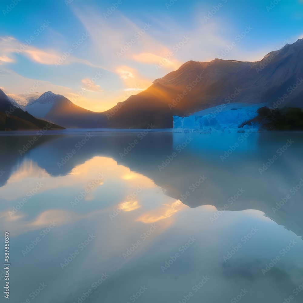 Impressive summer sunrise on  lake with  beautiful mountain landscape