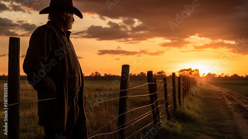 Silhouette image of farmer leaning against fence post thoughtfully at sunset. Time out after a long day's work on the land.
