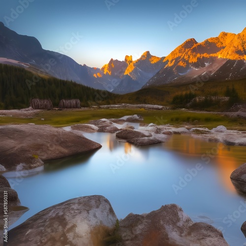 Impressive summer sunrise on lake with beautiful mountain landscape