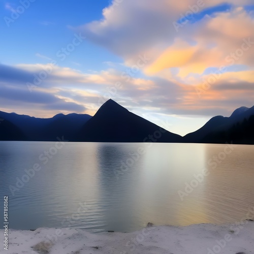 Impressive summer sunrise on lake with beautiful mountain landscape