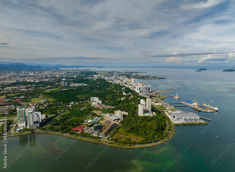 Aerial drone of Kota Kinabalu city with modern buildings. Borneo,Sabah, Malaysia.