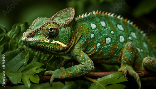 Green gecko on branch in tropical rainforest generated by AI