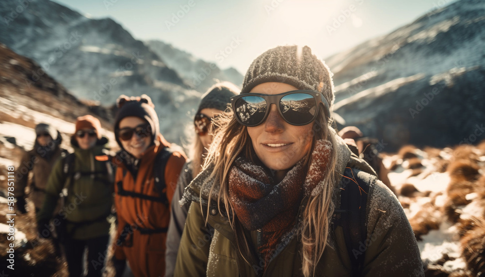A group of cheerful hikers exploring nature generated by AI