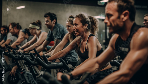 Men and women in gym cycling together happily generated by AI