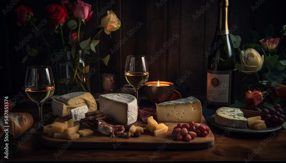 Gourmet delicatessen meal on rustic wood table generated by AI Gourmet delicatessen meal on rustic wood table generated by AI