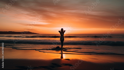 Silhouette of woman meditating on serene shoreline generated by AI