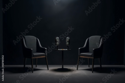 chairs and table in a podcast studio