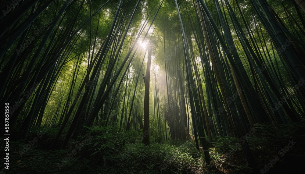 Obraz premium Tranquil bamboo grove, summer growth, vibrant beauty generated by AI