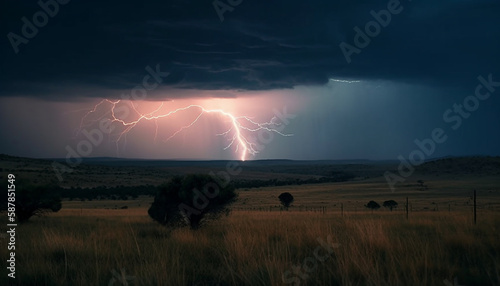 Electricity illuminates spooky landscape during thunderstorm night generated by AI