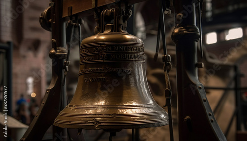 Shiny bell hanging in ancient chapel darkness generated by AI